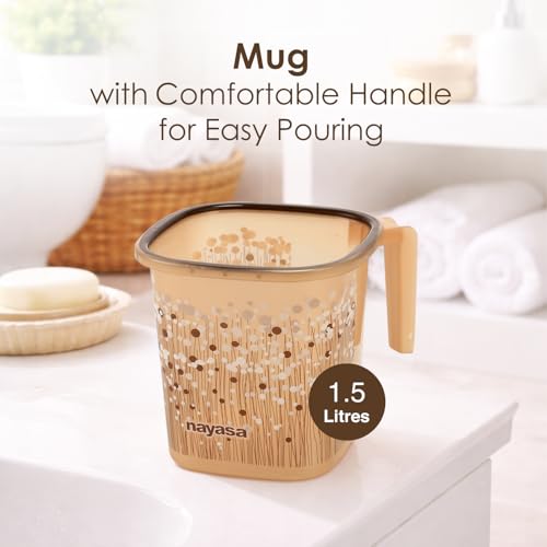 Image of Nayasa Square Ring Funk Plastic Bathroom Bucket Set with Mug & Stool | 18 Liters Bucket + 1.5 Liters Mug | Set of 3 | Brown