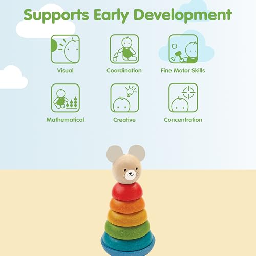Image of PlanToys Mouse Stacking Ring Wooden Montessori Size and Colour Sorting Toy | Fine Motor, Coordination and Early Math Learning Activity | Eco Friendly Educational Stacking Toy