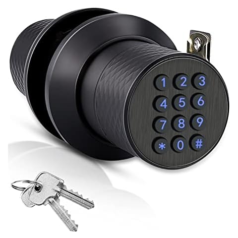 FITNATE Smart Door Knob with Keypad, Key Padlock, Code, Auto Lock, Keyless Entry Door Knob, Anti-Slip Handle, Anti-pry Code Door Knob for Home, Office, Waterproof, Black Door Knob with Lock Cover
