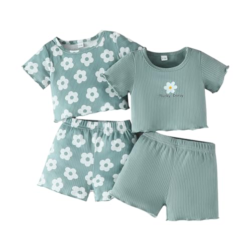 LUVCES Conjuntos Ropa para Niñas Manga Corta Volantes Acanalados Cuello Redondo Camiseta Top y Pantalones 4 Pcs Trajes para el Hogar Primavera Verano 4Pcs Manga Corta verde 9 12 Meses