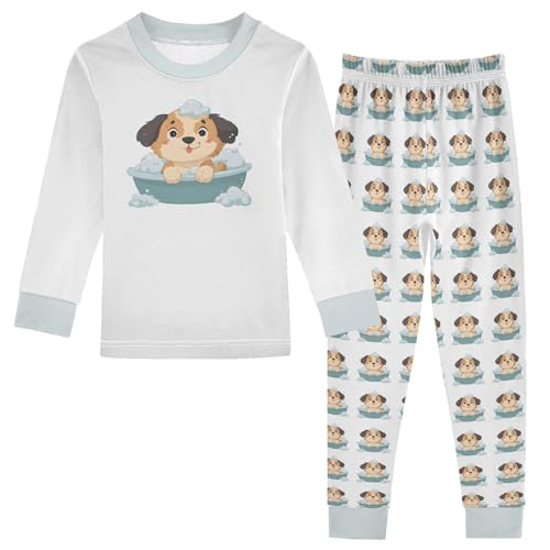 Cartoon Pajamas Set Dog Sitting in A Bath Long Sleeve PJs Cotton Jammies Sleepwear Top and Pants Multicolor