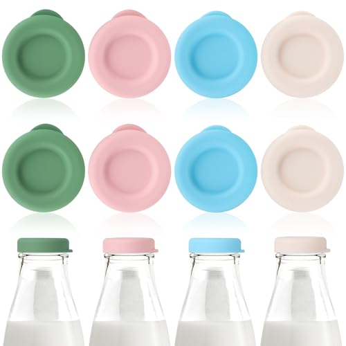 8 Pcs Milk Bottle Tops, 48mm Diameter Reusable Silicone Milk Bottle Tops in 4 Colors, Leakproof Glass Milks Bottles Caps, Silicone Bottle Lids for Stanpac & Libbey Glass Bottles