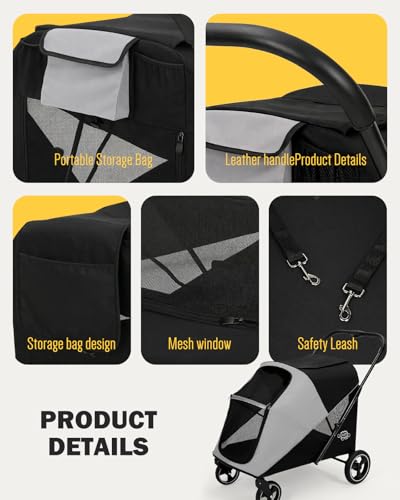 Image of Dog Stroller for Large & Medium Dogs, 4 Wheels Pet Stroller for Large Dogs up to 120lbs, Extra Large Dog Stroller with Foldable Design, Sun Shades, Storage Pocket, Breathable Mesh