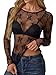 GKBK Womens Mesh Long Sleeve Tops Crew Neck Sexy See Through Tee Dressy Casual Shirts Party Club Night Lace Blouse Clothes Clothing Black L