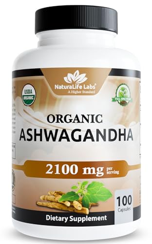 Organic Ashwagandha 2,100 mg - 100 Veggie Capsules Pure Organic A...