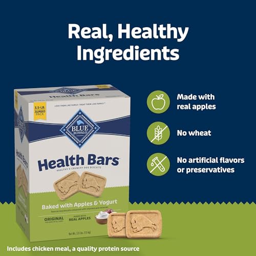 Image of Blue Buffalo Health Bars Crunchy Dog Biscuits, Oven-Baked with Natural Ingredients, Apples & Yogurt, 3.5-lbs Box (Pack of 3)