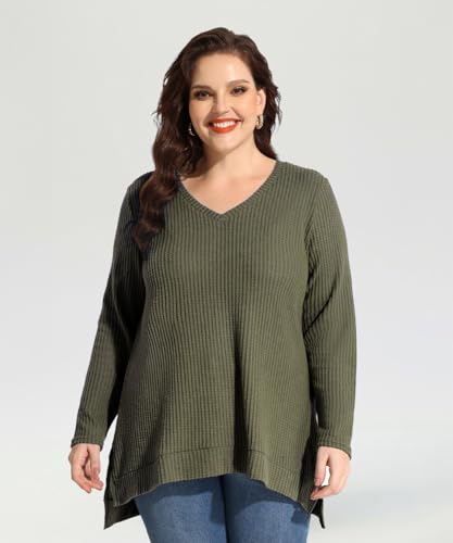 Image of RITERA Plus Size Women Sweaters Waffle Knit Pullover Top Long Sleeve Casual Crewneck Shirt Loose Split Hem Fall Winter Blouse