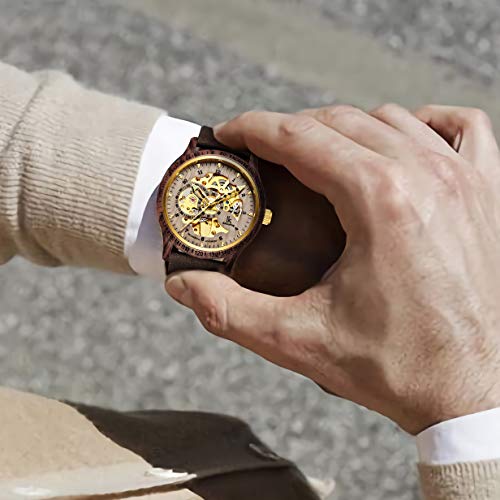 Image of IK COLOURING Men's Watches Luxury Mechanical Wooden Case Skeleton Lumious Automatic Self-Winding Lightweight Genuine Leather Bracelet /Wood Band Wrist Watch