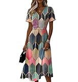 Vestido de Verano Mujer 2026 Elegante - Vestido Corto de Fiesta con Cuello en V, Manga Corta y Estampado Floral para Playa, Boda como Invitada o Ocasiones Especiales(4-Verde,S)