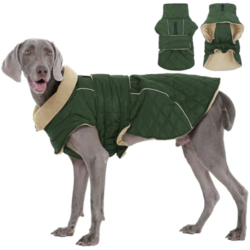 Kuoser Hundemantel Wasserdich Winterjacke für Große Hunde, Warmer Hunde Mantel mit Fleece, Reißverschluss-Leinenöffnung, 2XL Grün