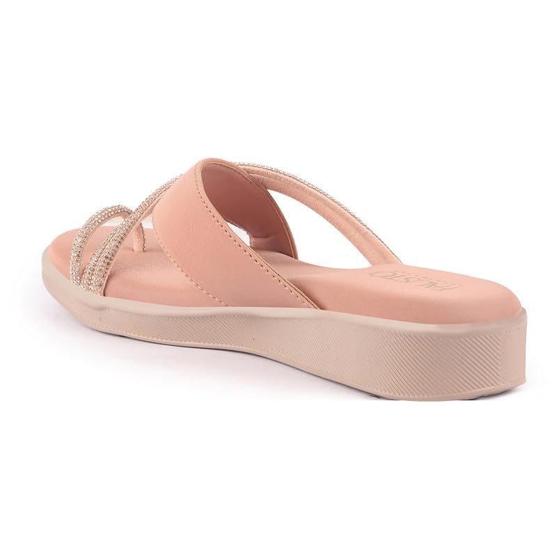 Image of FAUSTO Women Embellished Shimmery Cross Strap Toe Ring Wedding Slip On Slippers | Soft Cushioned Footbed Wedge Sandals | Party, Mehndi, Festive
