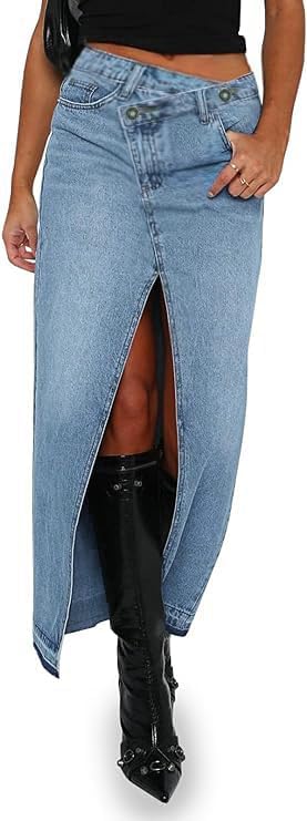 AiMgFUN Jean Skirt for Women Denim Skirt with Pockets Mid Waist Long Split Skirts2