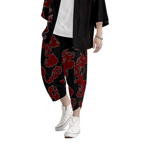 Image of DOSLAVIDA Men's Japanese Kimono Cardigan Suit Chinese Style Printed Jacket Pants Set Open Front Seven Sleeve Top & Shorts