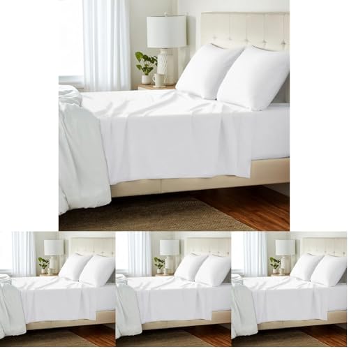 Image of Amazon Basics 4 Piece Comfortable Cotton Jersey Bed Sheet Set,Includes Soft Flat and Fitted Sheets,Pillowcase,Queen,White,Solid,(Pack of 4)