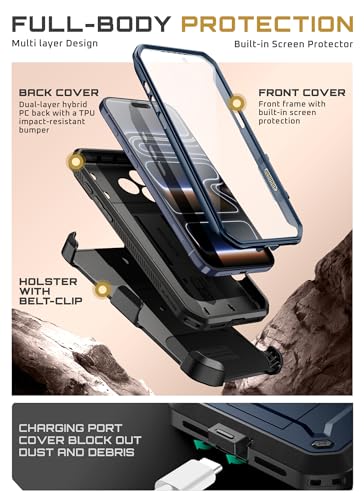 Image of SUPCASE for iPhone 17 Pro Case with Camera Control Button (Unicorn Beetle Pro), [Built-in Kickstand & Screen Protector] [Military-Grade Protection] Full Body Heavy Duty Phone Case, Azure