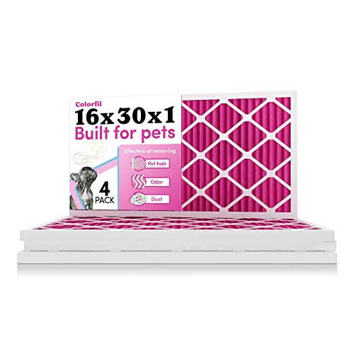 Image of 16x30x1 Air Filter by Colorfil | Color Changing Filters for Cat and Dog Odor | MERV 8 Furnace AC Filter for Pet Hair and Dust | 15.75 inchx29.75 inchx0.75 inch Exact Size | Pack of 4
