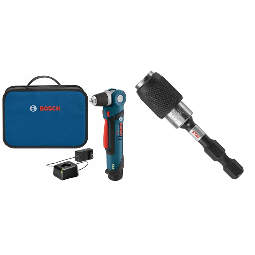 BOSCH PS11-102 12-Volt Lithium-Ion Max 3/8-Inch Right Angle Drill/Driver Kit with (1) High Capacity Battery and Charger, BluewithBOSCH ITBHQC201 2 1/4", Impact Tough Quick Change Bit Holder