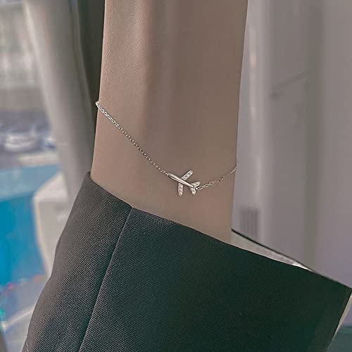 Dtja Crystal Airplane Bracelet for Women Sterling Silver Cute Delicate Fly Plane Adjustable Charm Link Bracelets Airline Jewelry Christmas Gifts Souvenir for Best Friend freedom Lover Wanderlust3