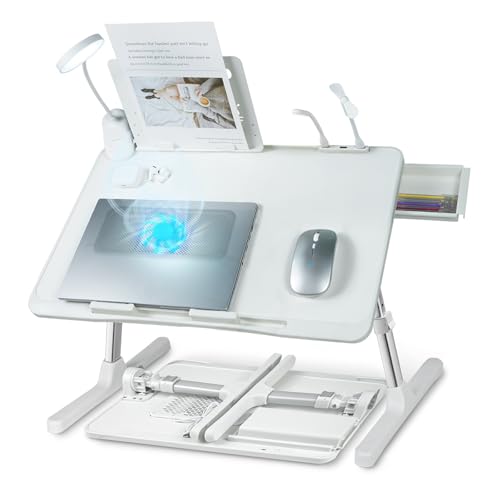 iXTRA Laptop Lap Desk with Cooling Fan - Adjustable with Light, USB, Storage Drawer - Folding Bed...