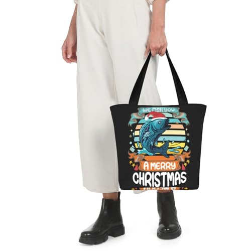 We Fish You A Merry Christmas Reusable Shopping Tote Bag, Lightweight Durable Shoulder Bag With Zipper Pocket - Fashionable Grocery Bag For Travel & Beach4