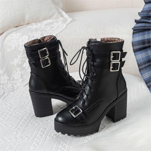 Image of FOREADA Goth Boots Chunky Heel Boot For Women Ankle Combat Booties Black Platform Bootie Buckle Rivets Punk Goth Shoes With Zipper