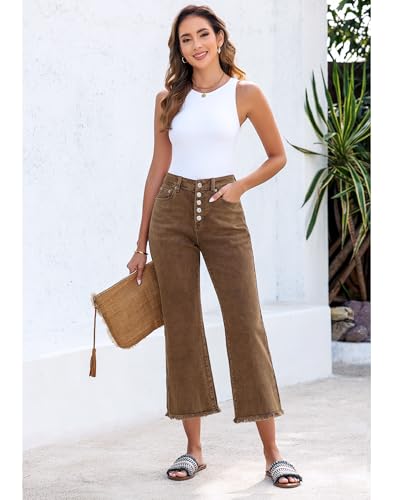GRAPENT Capri Jeans for Women Trendy High Waisted Wide Leg Flare Button Fly Stretchy Denim Pants Raw Hem Cropped Jeans4