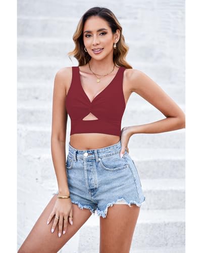 Image of GRAPENT Bikini Tops for Women Cropped StrapCore Tankini Tops Beach Padded Knot Twist Cut Out Adjustable Swimwear Top Only