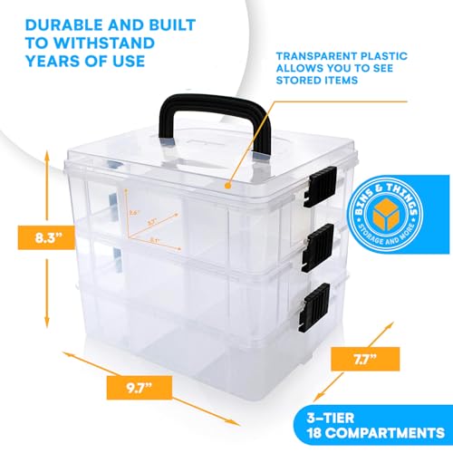 Image of Bins & Things 3-Tier Sewing Kit - Stackable Craft Storage Box with Dividers - Plastic Nail Polish Organizer, Storage Containers for Beads, Sewing Supplies and Art Organizers - Large