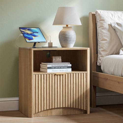 Image of Evermagin Fluted Nightstand Set of 2 with Charging Station, Natural Oak Bedside Table with Drawer and Storage, Wood End Table Mid Century Modern, Large Night Stand for Bedroom