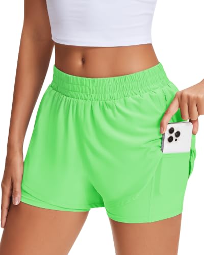 Stelle Women's 2 in 1 Running Shorts Athletic Workout Gym Shorts High Waisted Shorts with Liner Zipper Pockets (Neon Green, S) — view 4