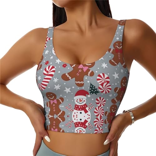 Women Girls Yoga Bras U-Shaped Back Comfy Athletic Tops Padded Sleeveless Activewear for Gym Exercise, Christmas Gingerbread Man Snowman Candy
