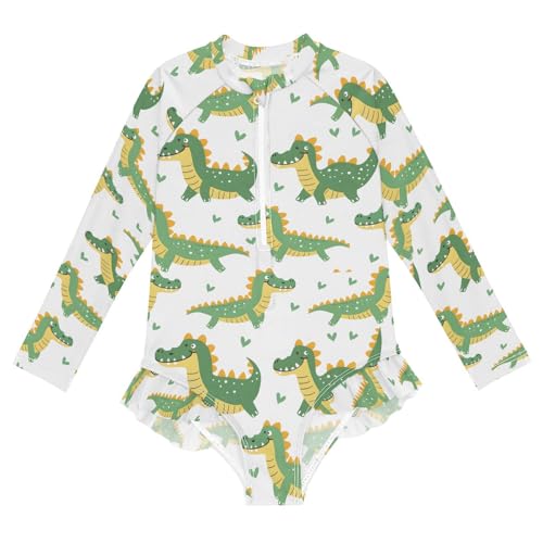 ALAZA Green Crocodile Heart Girls One Piece Swimsuit Long Sleeve Rash Guard Swimsuits UV 50+ Swimwear Zipper - Main Image