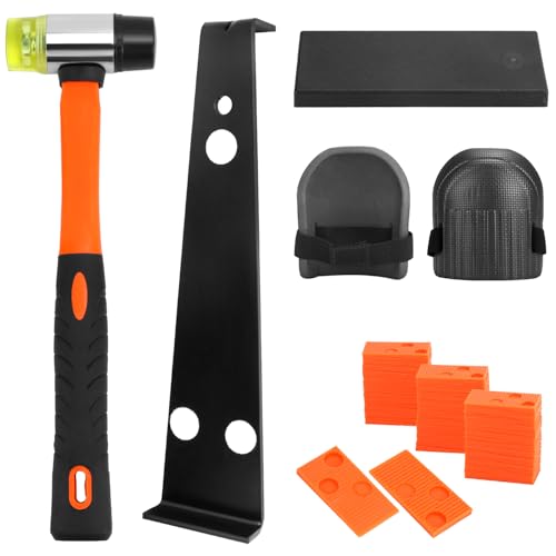 QWORK® Kit de Suelo Laminado - 60 Espaciadores de Cuña, Martillo de Goma de Doble Cara, Barra de Tracción, Bloque de Impacto, 2 Rodilleras de Espuma