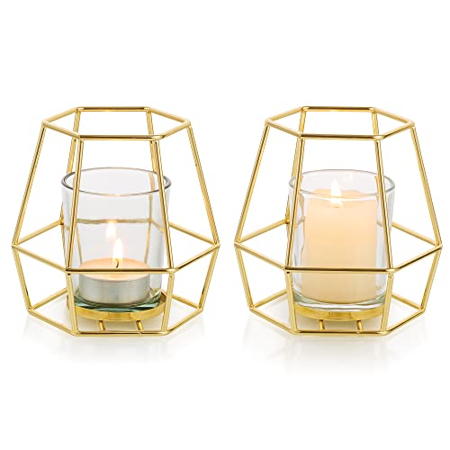 Nuptio Geometric Tealight Candle Holder Gold – Candle Holders for Pillar Candles Set of 2 Tea Light Candle Holders Set Metal Candle Stand Table Centerpiece for Wedding Party Cafe Bar Home Decor