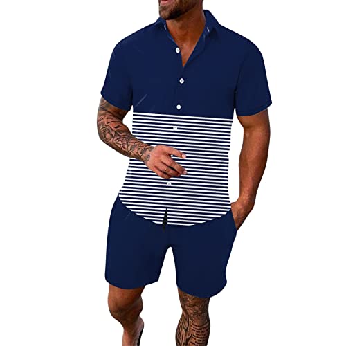 Glvsz Men's Spring/Summer Leisure Sports Hawaii Beach Style Stitching Stripe Print Short Sleeved Shirt Pants Men Tuxedo Suits Navy #TOP11