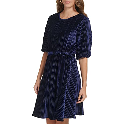 DKNY Damen Bubble Sleeve Pleated Velvet Dress, Midnight Navy, 34 EU