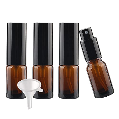 TIANZD 4 Piezas Botella de Cristal Ámbar con Bomba en Spray 10ml, Frasco de vidrio Marrón con Pulverizador Negro para Aceites Esenciales Perfume Envase Cosmético, Embudo