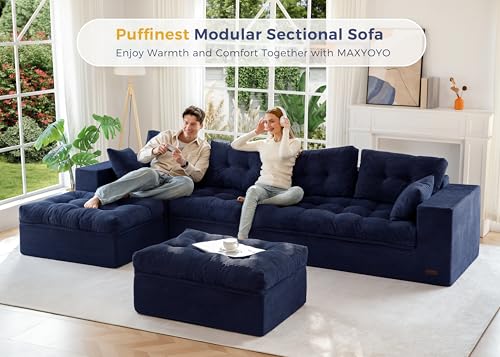 Image of MAXYOYO 132 inch U Shaped Modular Sectional Sofa with 2 Ottomans, Cloud Boneless Couch with Layered Cushion, Flexible Module Combination Sofa for Living Room, No Assembly Required, Navy