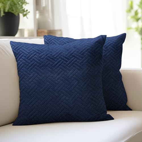 Image of Encasa XO Quilted Velvet Cushion Covers, Pillow Covers, No Inserts Blue | 18 inchx18 inch | Double Sided Texture | Hidden Zipper | Machine Washable | Set of 2