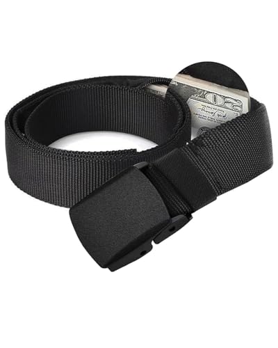 HUVZOR 1 Pieza Cinturón de Viaje Antirrobo con Bolsillo Secreto, Hebilla de Metal y Cremallera Interior para Hombre, Negro