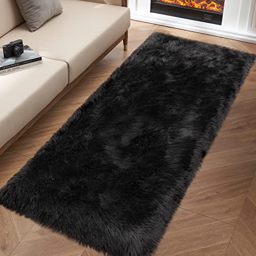 Tangsoo 2x6 Black Fluffy Faux Fur Runner Rug,Soft Sofa Couch Cover Cushion
