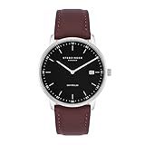 HOCHWERTIG: Poliertes Edelstahl-Gehäuse (Durchmesser 38 mm) mit geschraubtem Boden, schwarzem Zifferblatt, Datumsanzeige und Stabzeigern