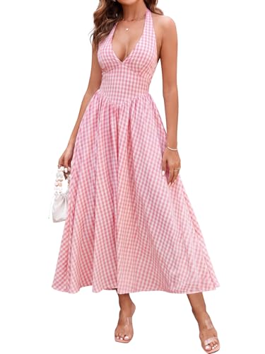 Image of Parthea Women's Gingham Halter V Neck Midi Dress Corset Smocked Sundress Flowy A Line Wedding Guest Dresses