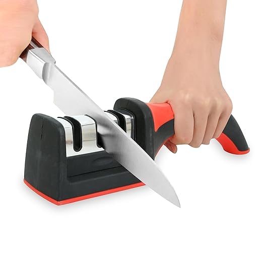 Rugmi 3 in 1 Knife Sharpener with Easy-Grip Handle and Non-Slip Rubber Base, 3-Stage Sharpening Tool forAll Types of Ceramic Knives and Steel Knives