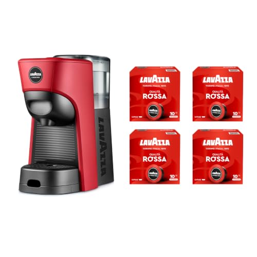 Lavazza, A Modo Mio Tiny Eco Rote Kaffeemaschine mit 64 Kapseln, Espressomaschine aus recyceltem Kunststoff, 1450 W, 220-240 V, 50/60 Hz, 0,6 Liter