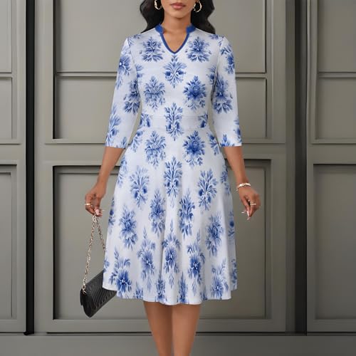 Image of PinkPatty Women's Casual A-line Midi Dresses 3 /4 Sleeve V Neck Fit and Flare Dress with Pockets