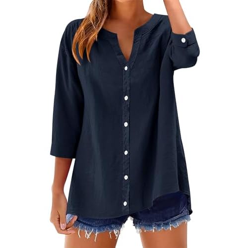 LOMON Womens 3/4 Sleeve Button Down Shirts Cotton Linen Roll Up Short Sleeve Tops V Neck Casual Loose Fit Blouses Navy Blue Large