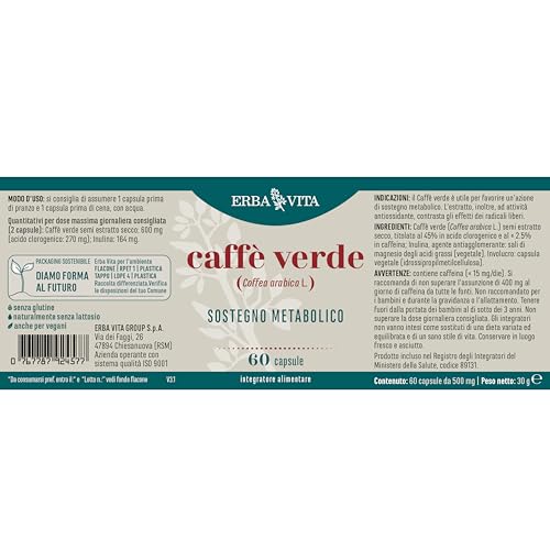Erba Vita Integratore Alimentare Di Caffè Verde - 60 Capsule - Utile Al Metabolismo E Al Contrastoi Dei Radicali Liberi, 1 Unità, 1 - 5