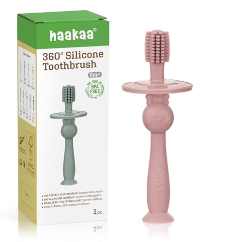 Image of haakaa 360 Baby Toothbrush with Suction Base - Blush | Gentle Cleaning for Infants, Gum Massage, BPA-Free, Food-Grade Silicone, Adjustable Safety Shield, Safe for Babies 6 Months+