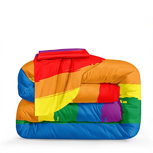 Bedbay King Size Rainbow Comforter Set Rainbow Pride Bedding Set Colorful Rainbow Stripe Design 4 Pcs Bedding Set 1 Comforter ,2 Pillowcases ,1 Cushion Cover (Rainbow,King) #TOP5